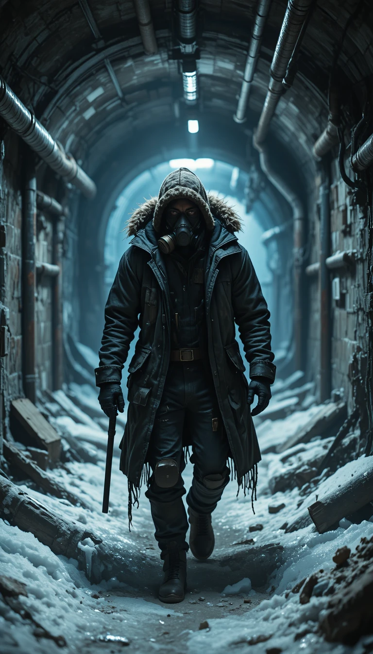 Bearded survivor in gas mask walking through icy tunnel