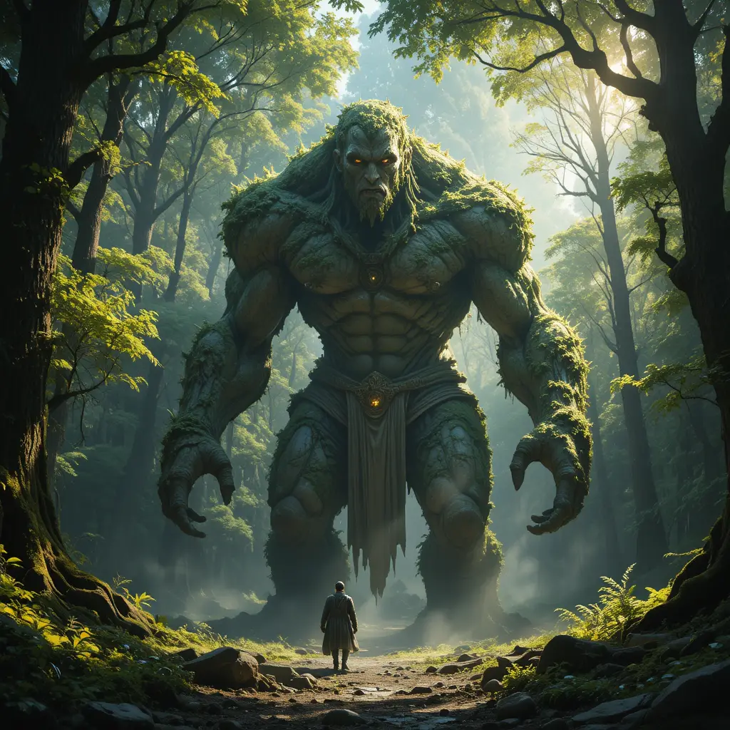 Ancient stone golem awakening in a sunlit forest clearing