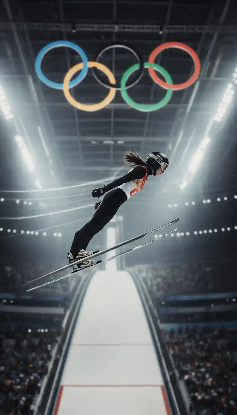 Young woman athlete soaring in dramatic indoor ski jump