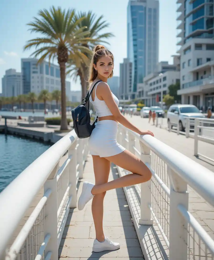 Blonde woman posing on sunny urban waterfront promenade