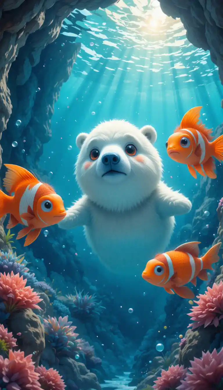 Oso polar y peces en una cueva submarina iluminada por el sol