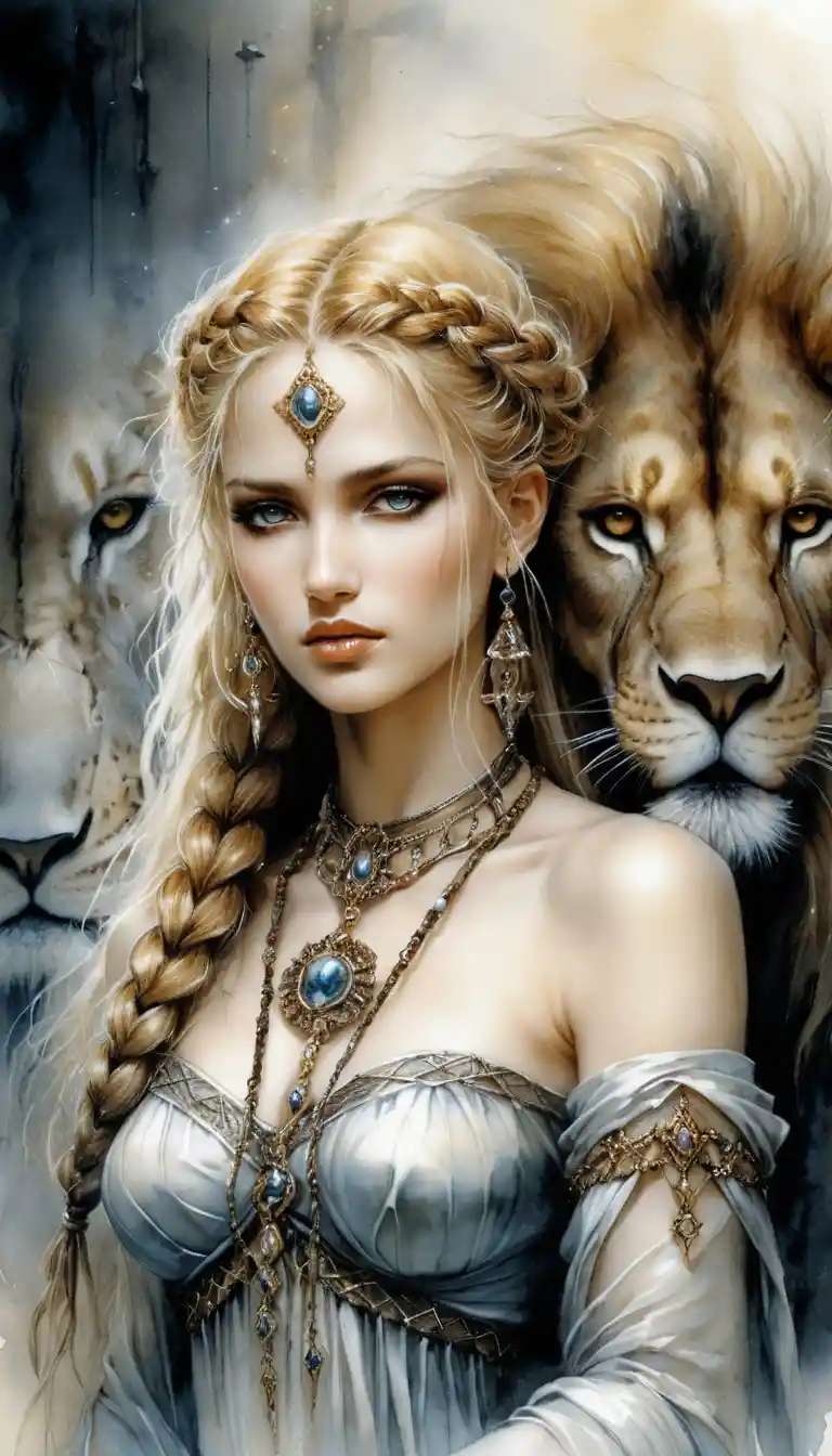 Mystical sorceress with lion in a gloomy fantasy realm