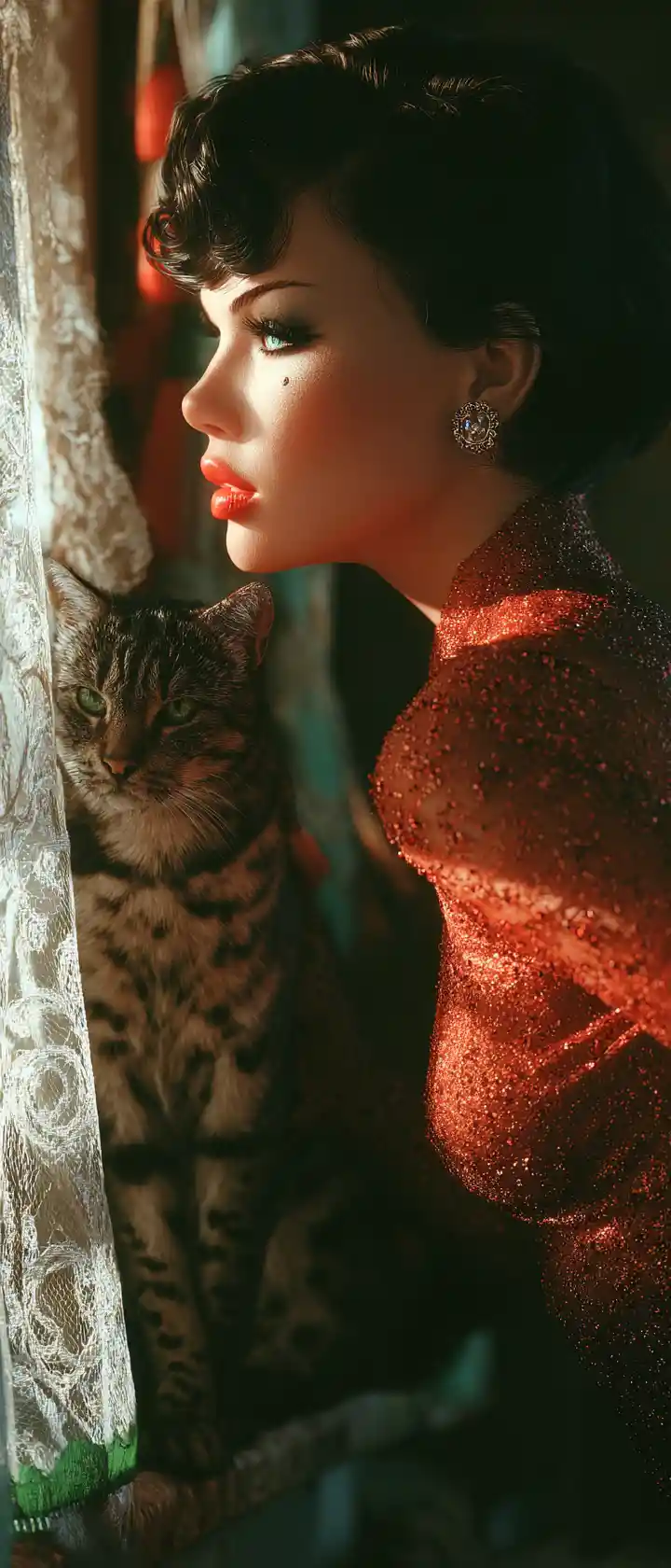 Woman and cat in a magical pastel living room