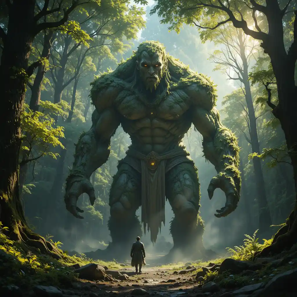 Ancient stone golem awakening in a sunlit forest clearing