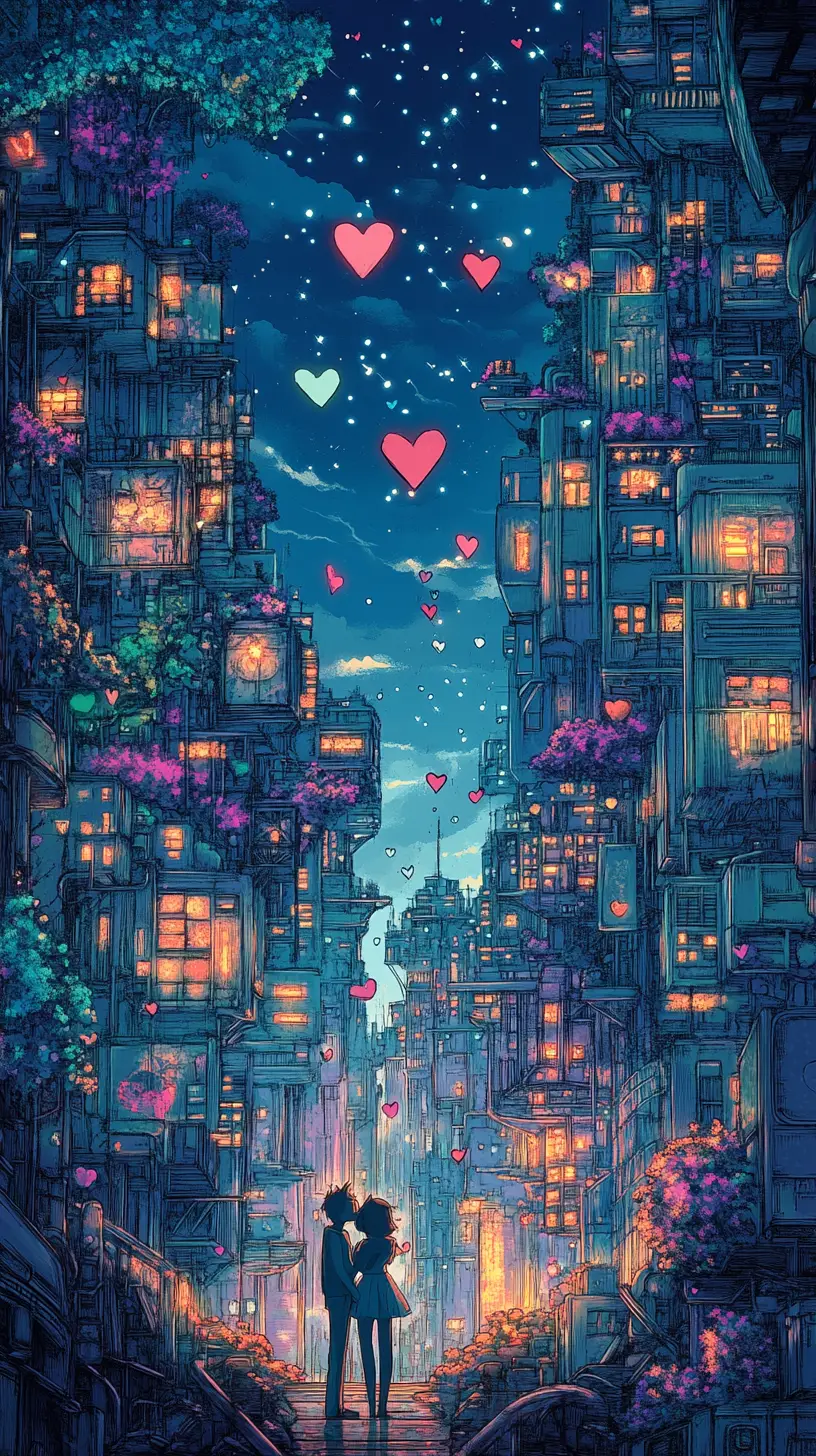 Whimsical feline couple in a dreamy dusk cityscape