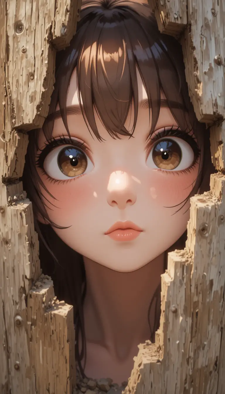 Anime girl peeking through a rustic wooden fence