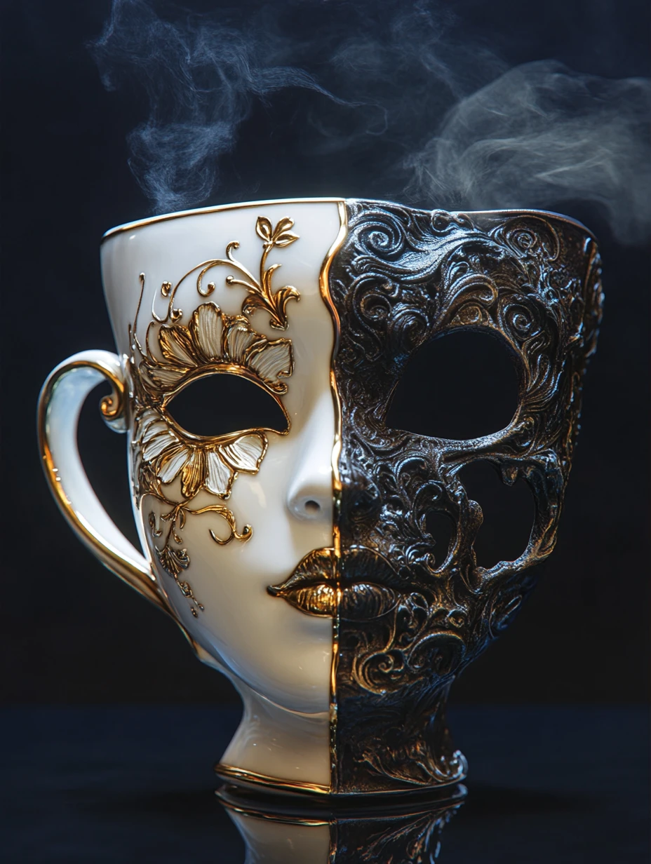Máscara de carnaval bicolor con forma de pequeña taza de café