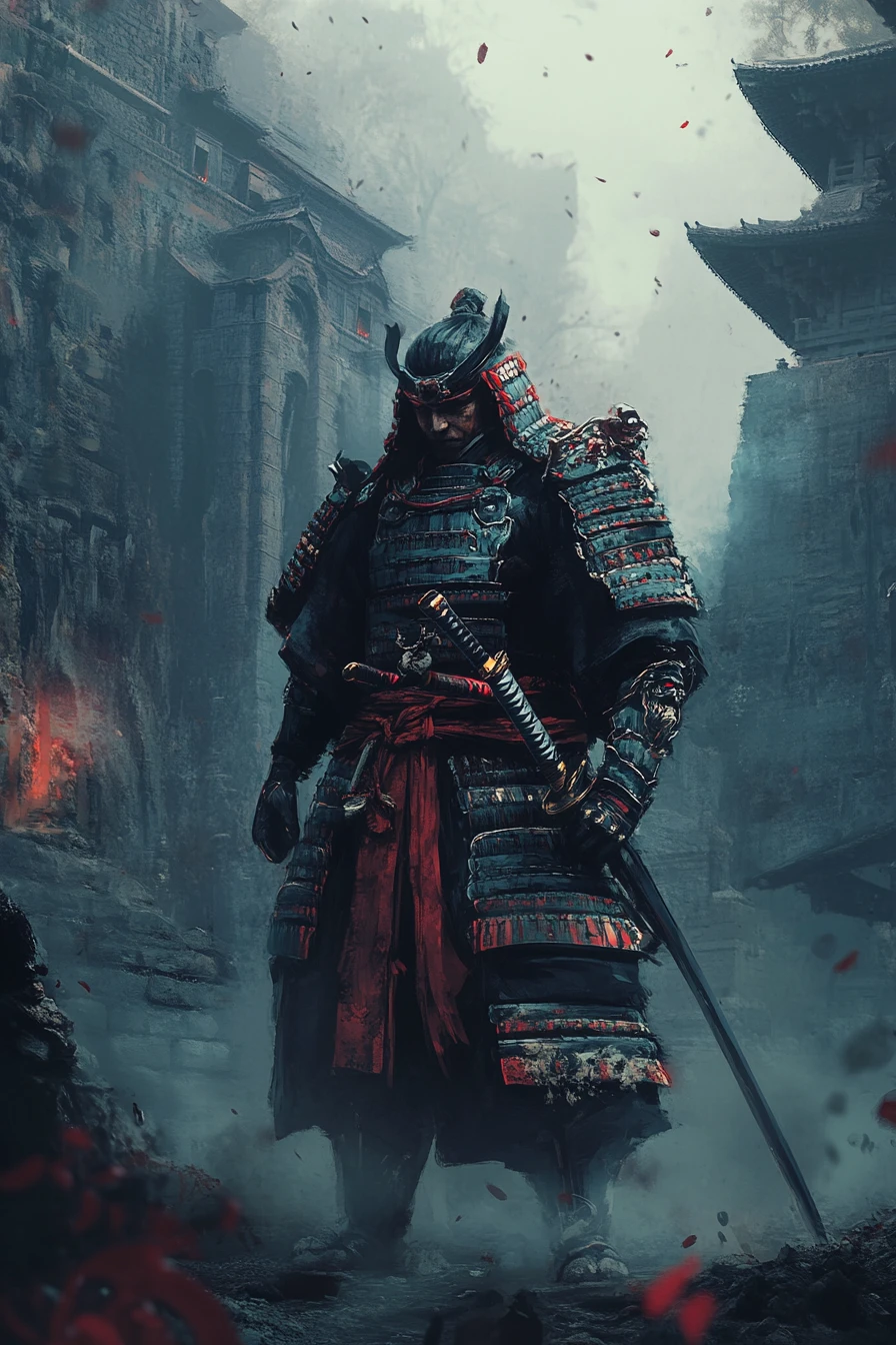 Stoischer Samurai-Krieger vor einem verfallenen nebligen Tempel