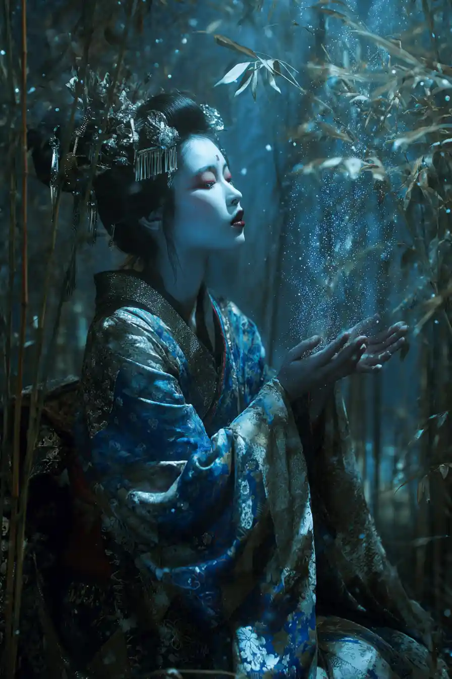 Geisha etérea lanzando magia ancestral en un bosque de bambú