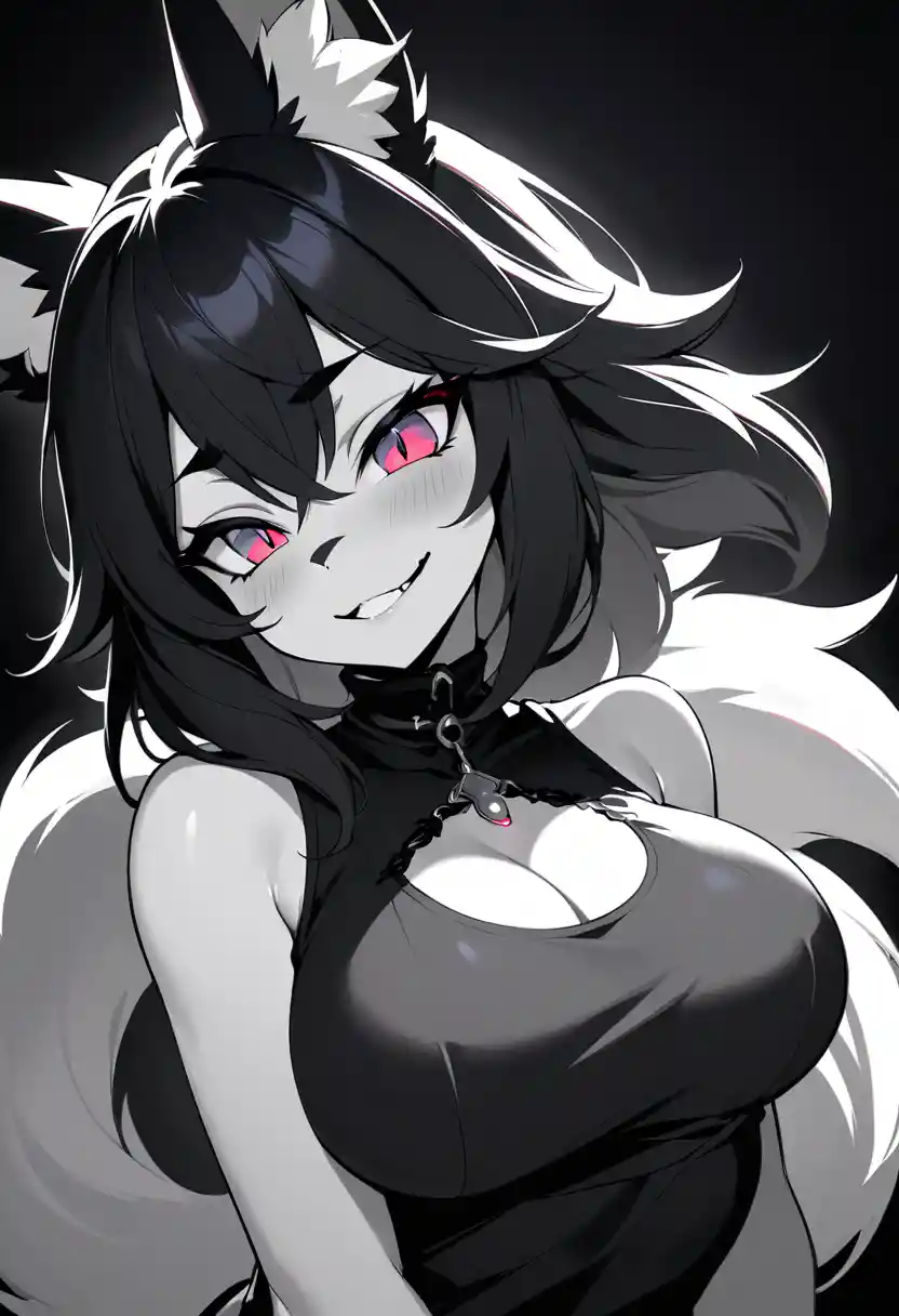 Mulher raposa negra gótica furry em pose provocante em close