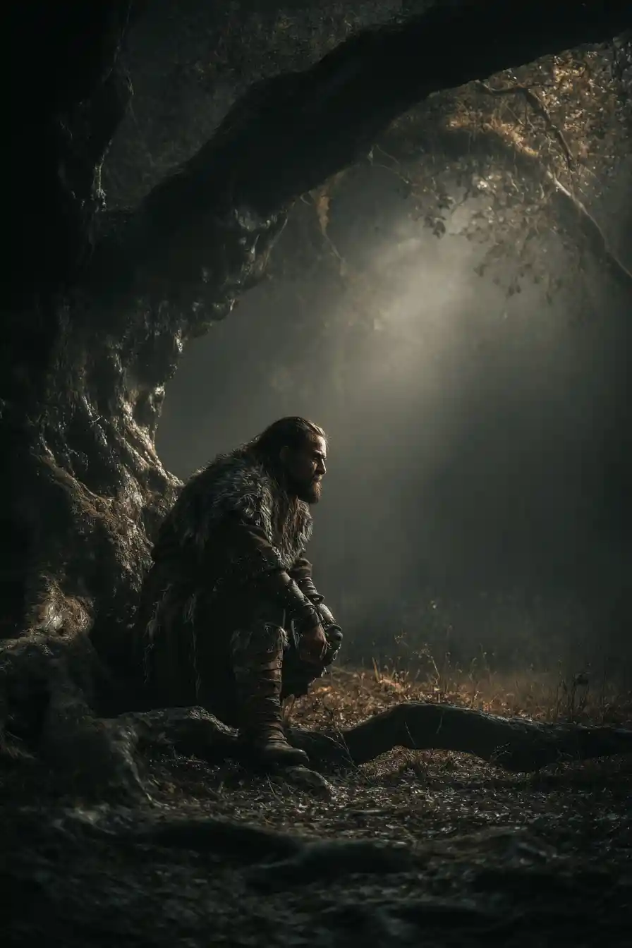 Bardo de fantasia agachado sob uma árvore ancestral na floresta