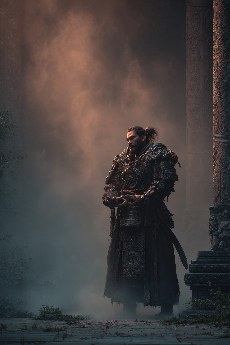 Guerriero samurai stoico davanti a un tempio in rovina avvolto nella nebbia