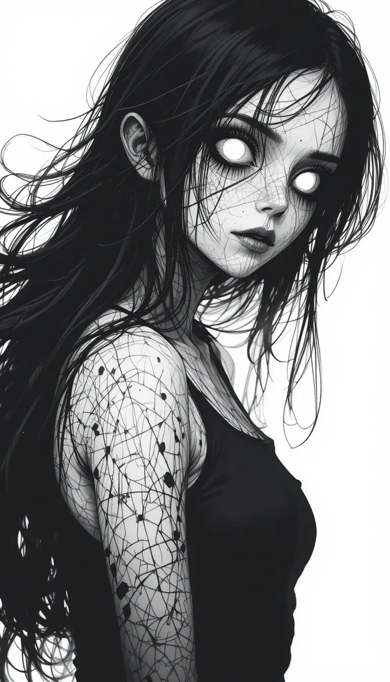 Eerie anime girl with glowing white eyes in monochrome