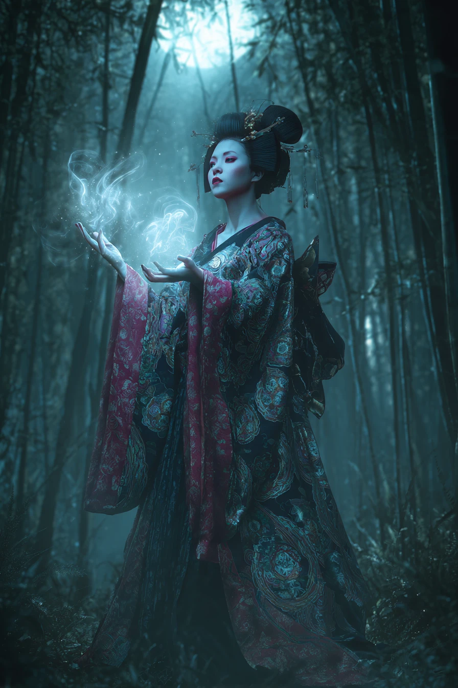 Geisha eterea che evoca magia in una foresta di bambù al chiaro di luna
