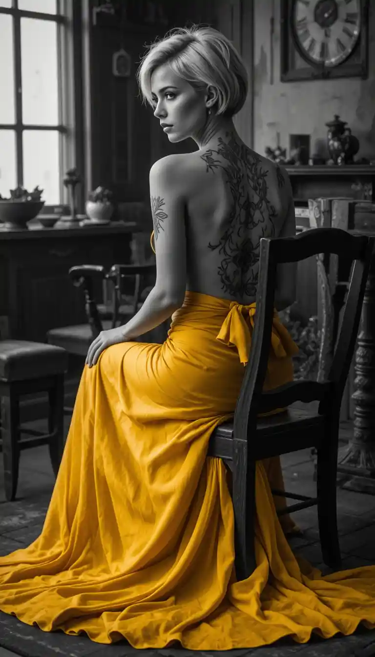Mujer elegante con vestido de espalda descubierta en silla de madera rústica