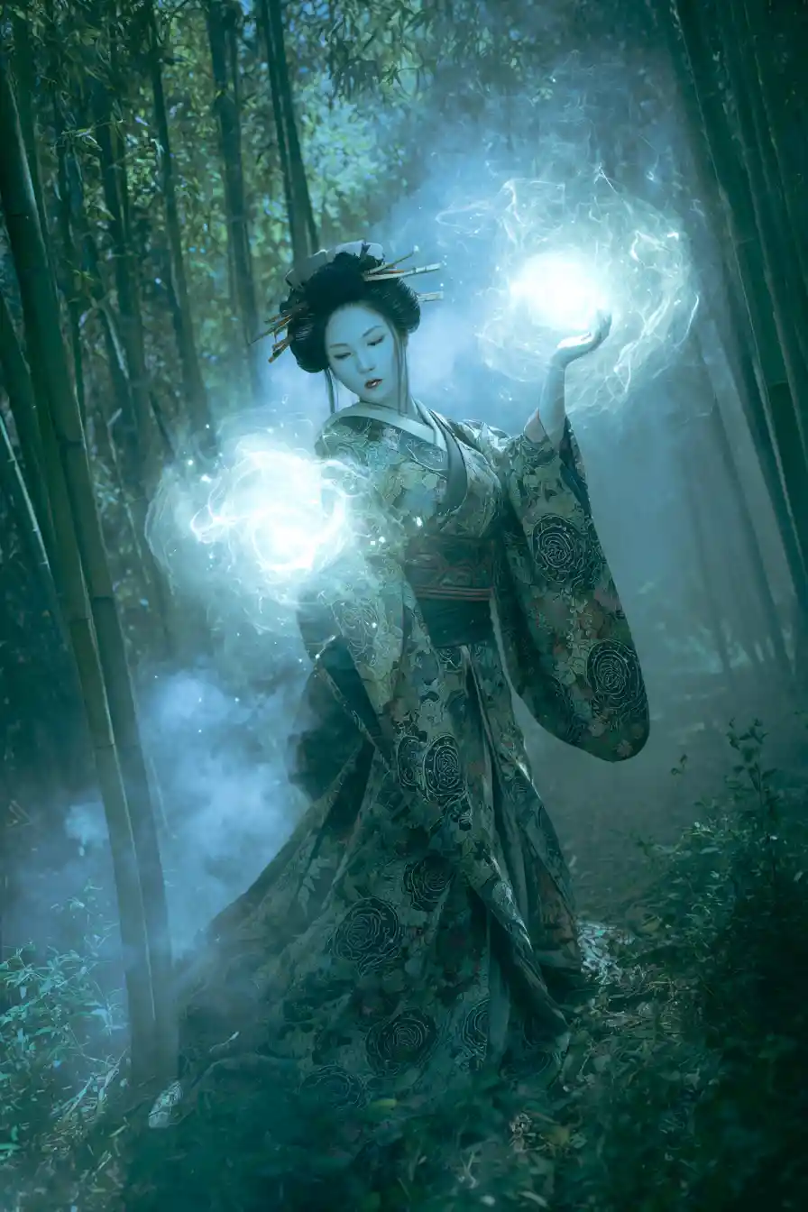 Mystical geisha casting magic in a moonlit bamboo forest
