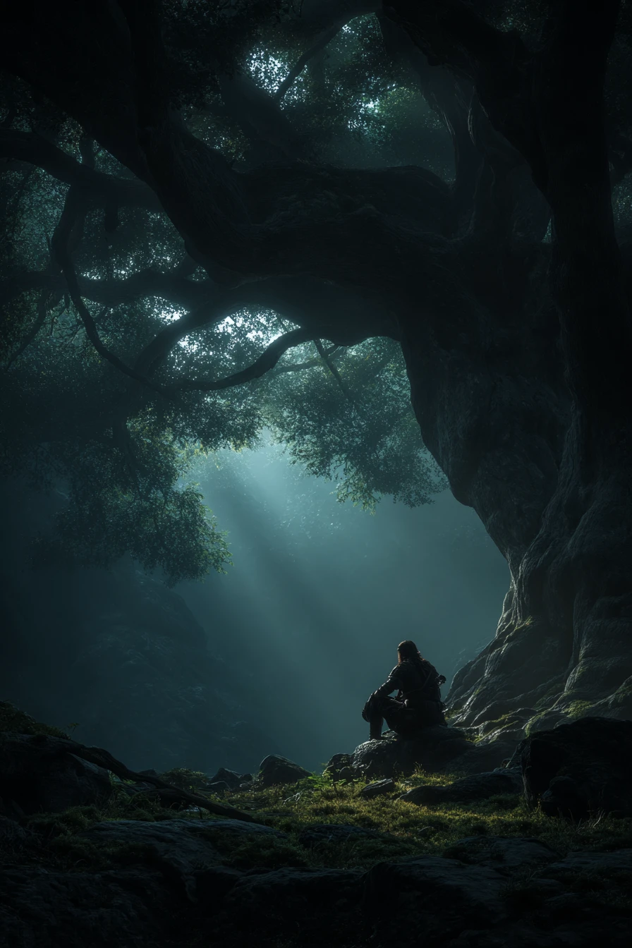 Bardo agachado bajo un árbol ancestral en un bosque oscuro