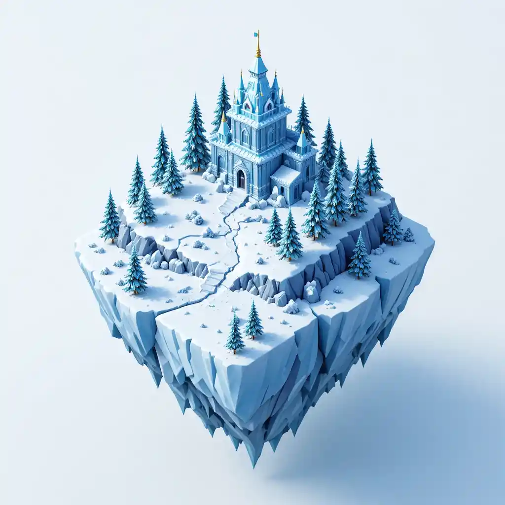 Fortaleza de Hielo Isométrica en una Isla Flotante Low Poly