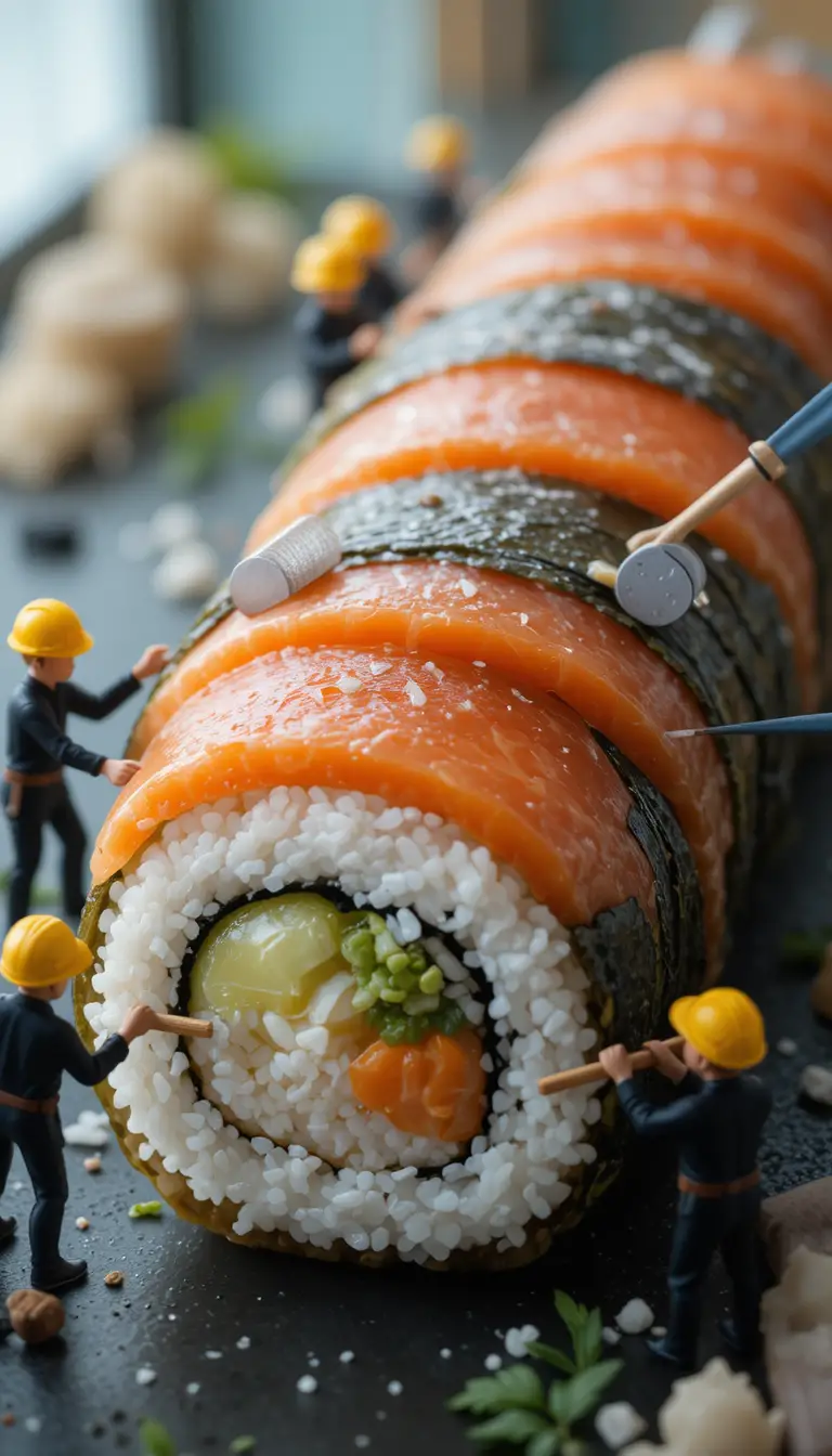 Miniature workers building a giant sushi roll in macro view