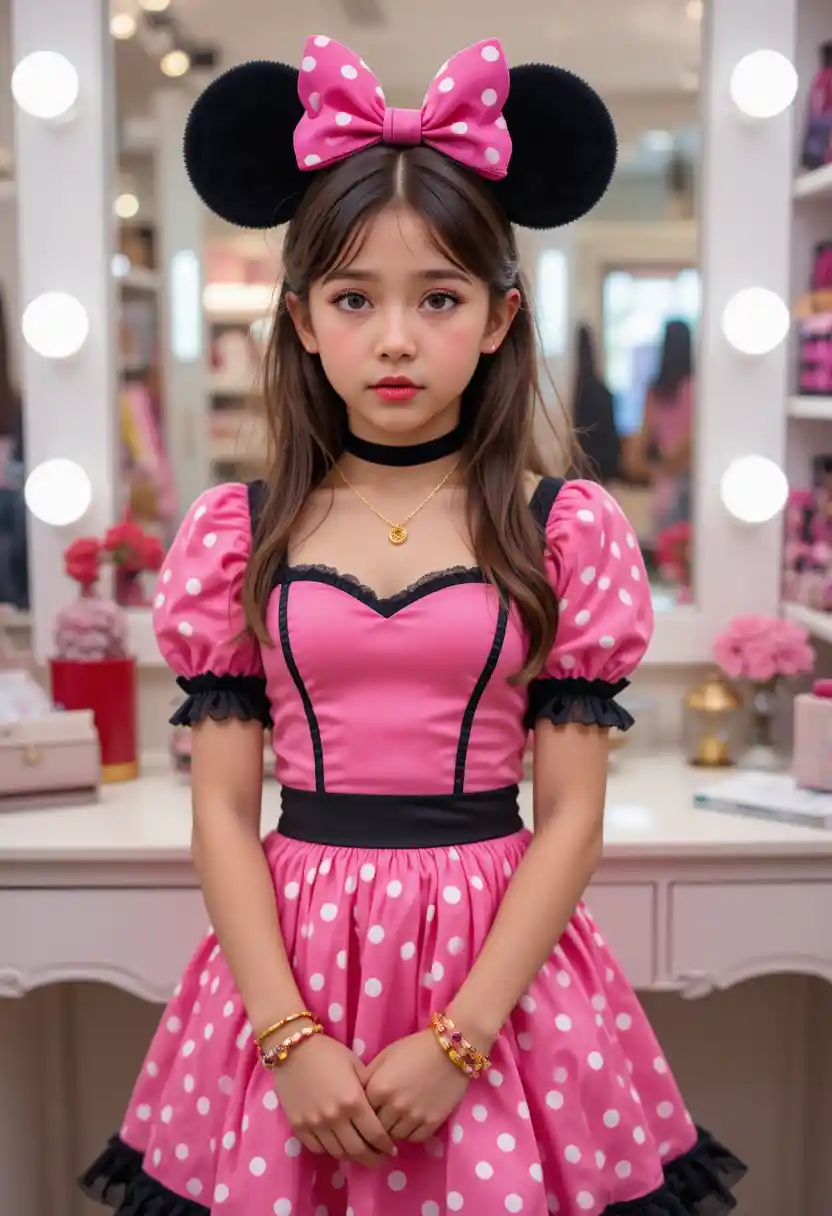 Pre-adolescente in outfit da Minnie Mouse davanti a una toilette boutique