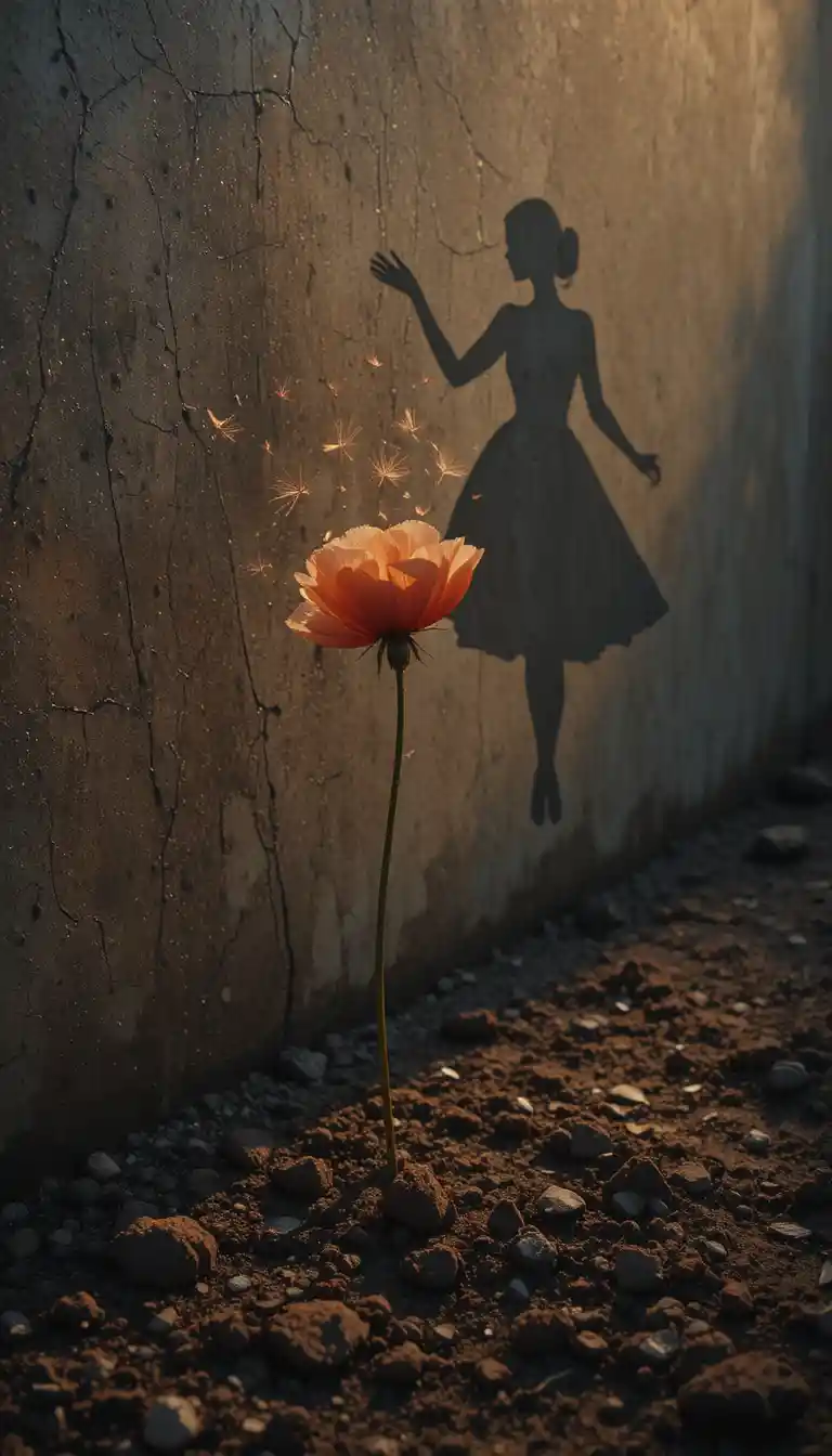 Red poppy casting a surreal dancing woman shadow at sunset