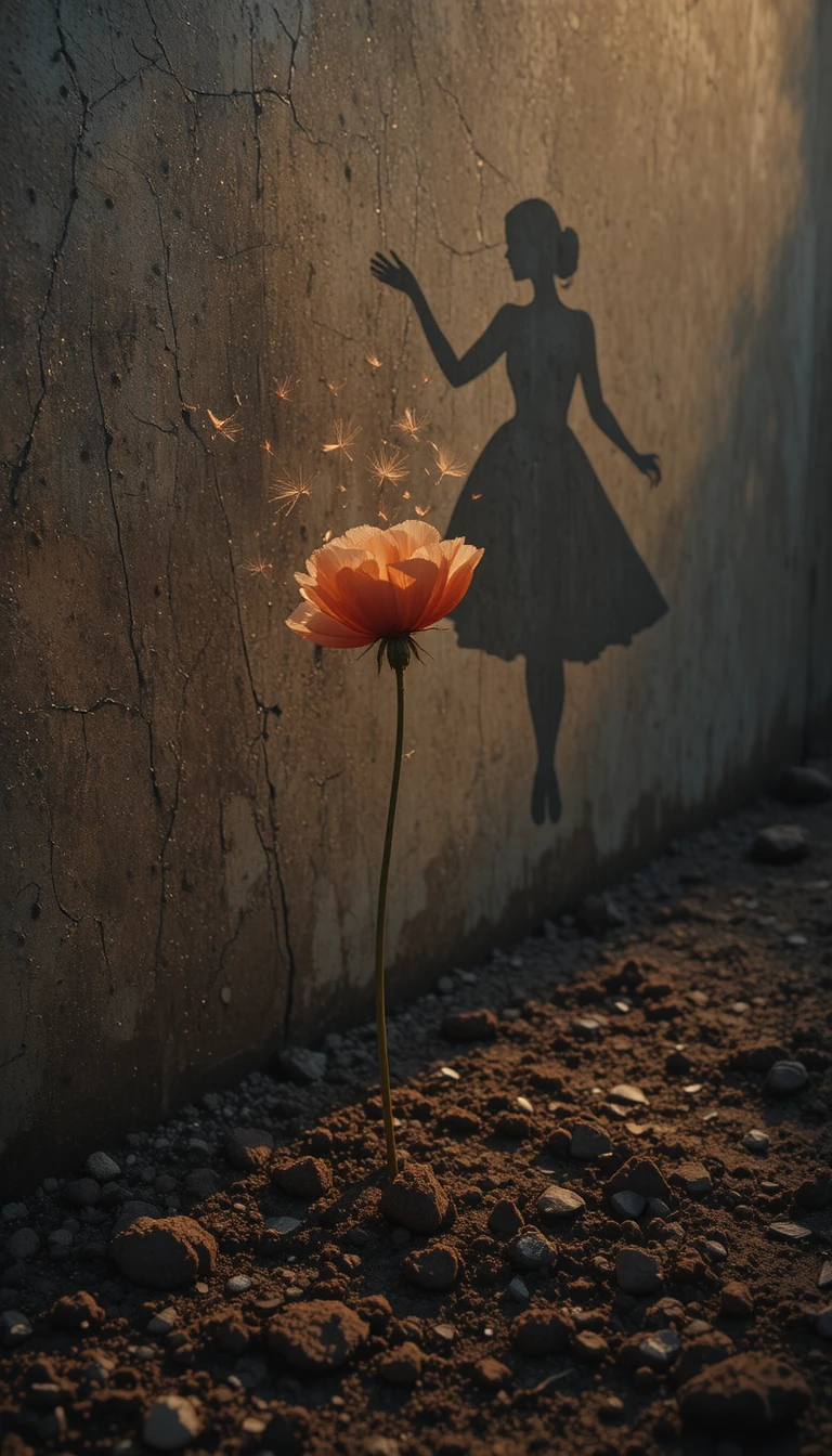 Red poppy casting a surreal dancing woman shadow at sunset