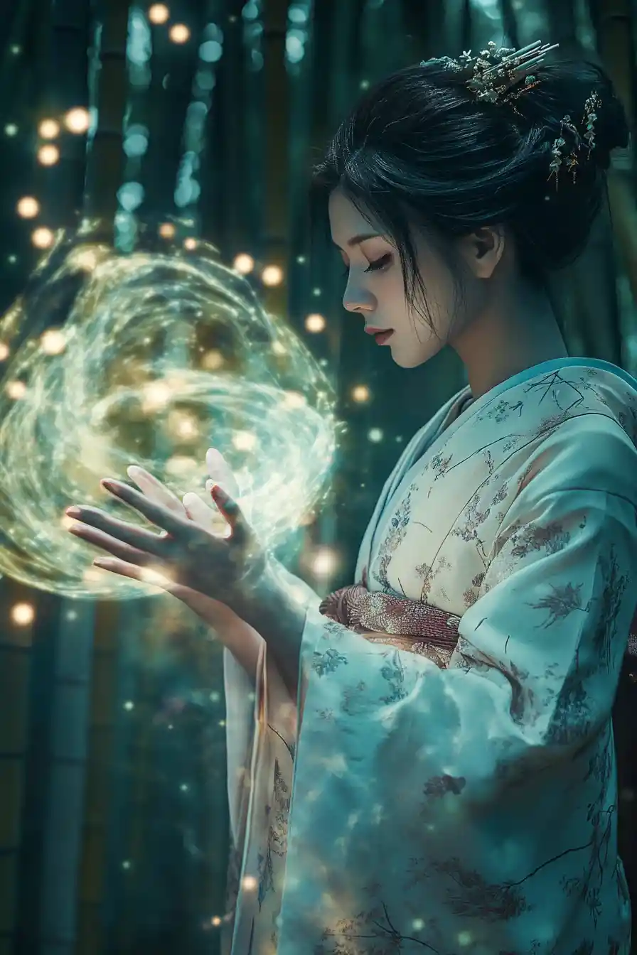 Ethereal geisha casting magic in moonlit bamboo forest