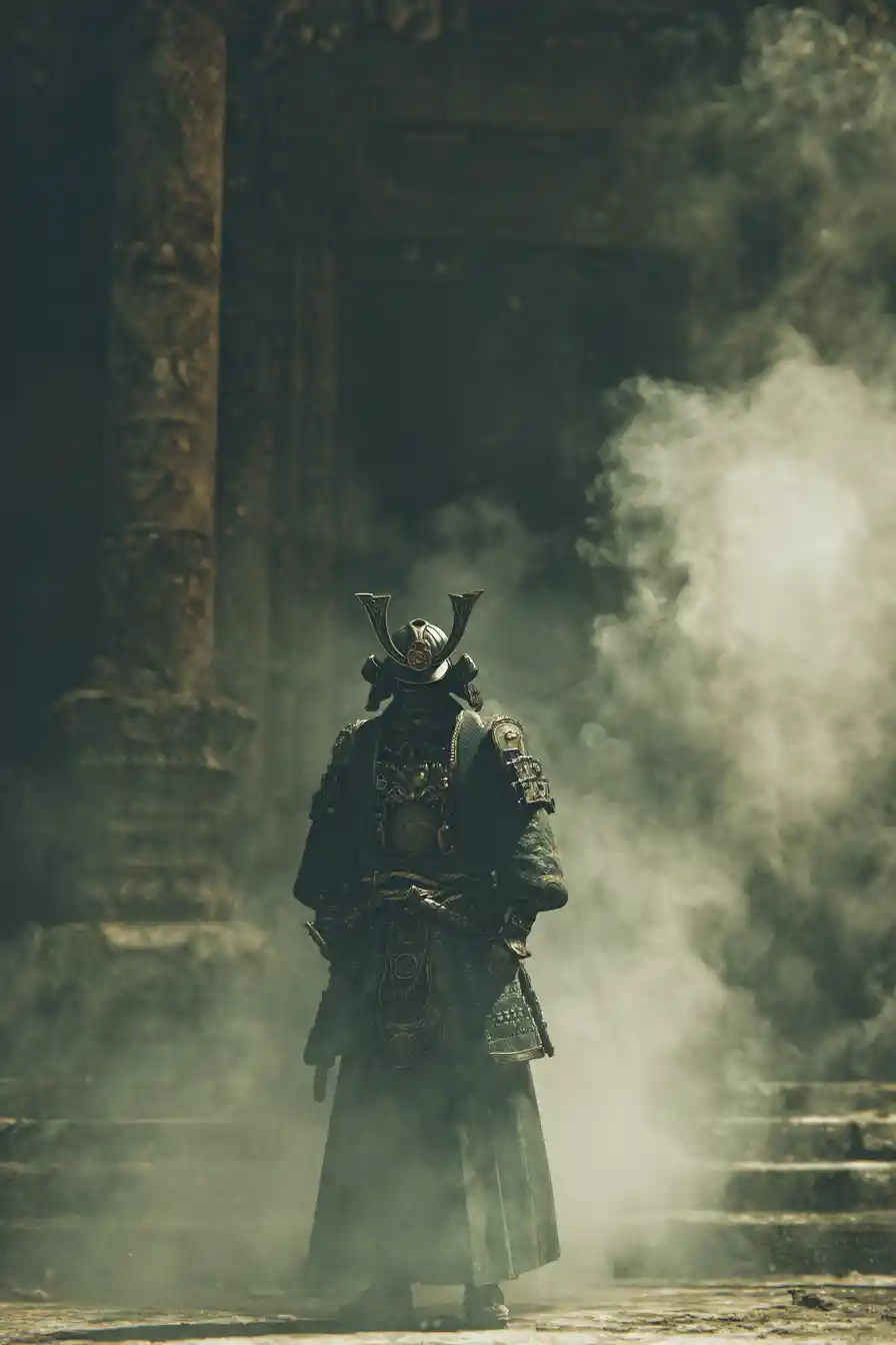 Stoischer Samurai-Krieger vor einem zerfallenden nebligen Tempel