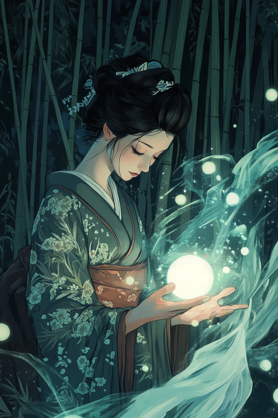Ethereal geisha casting magic in a moonlit bamboo forest