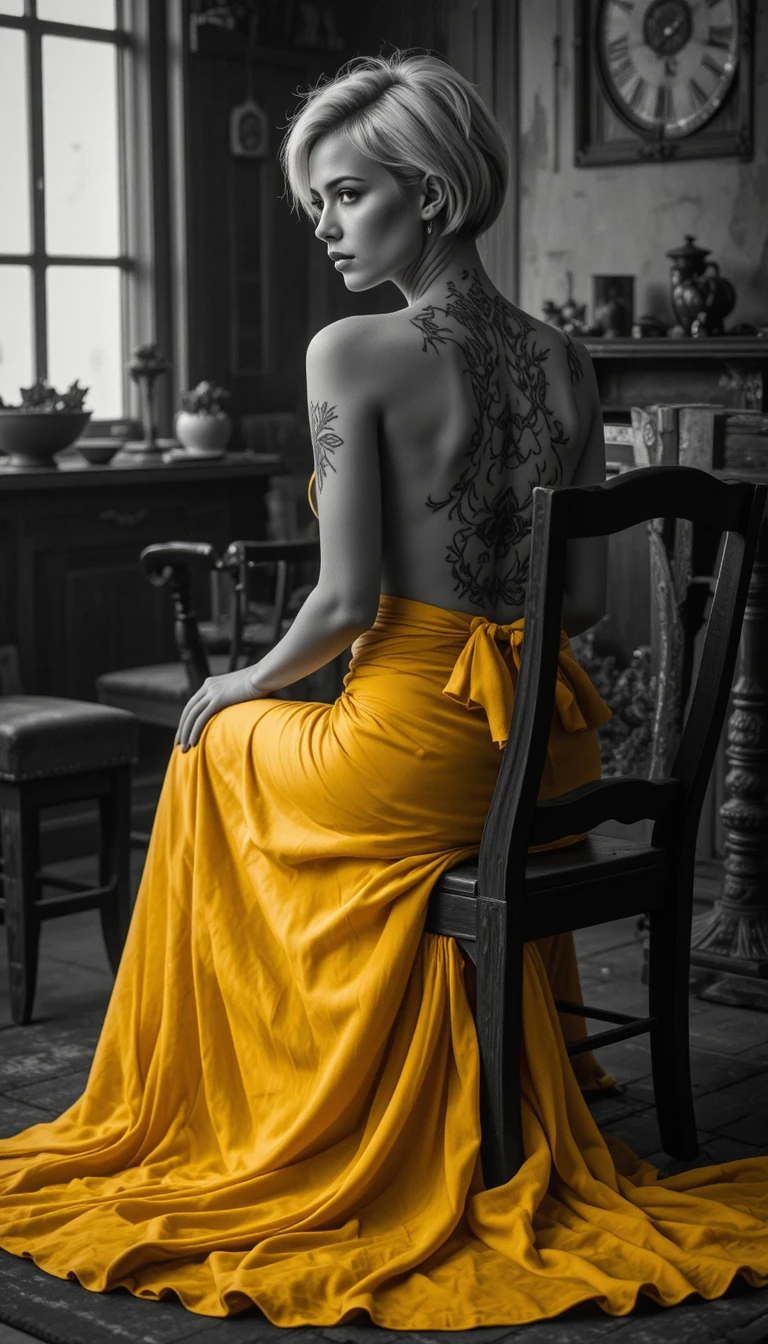 Mujer elegante con vestido de espalda descubierta en silla de madera rústica