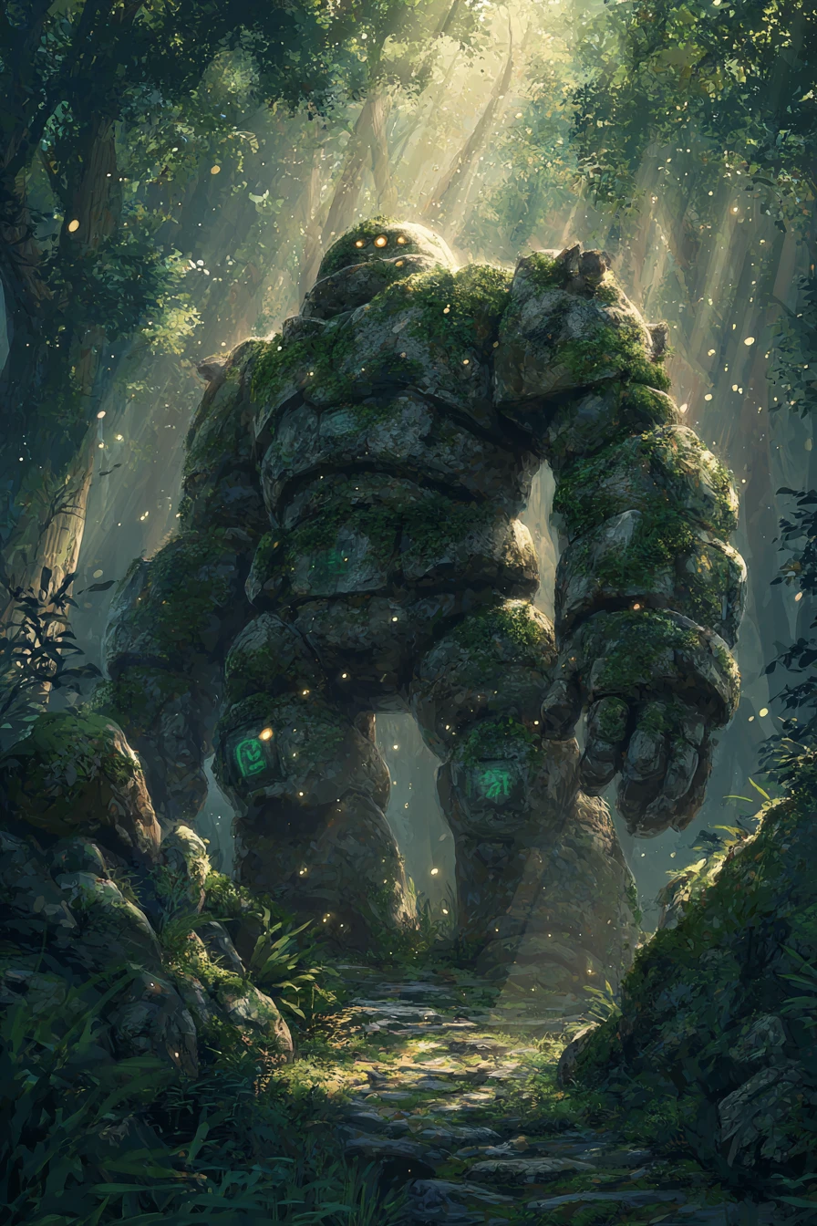 Ancient stone golem awakening in a sunlit forest clearing