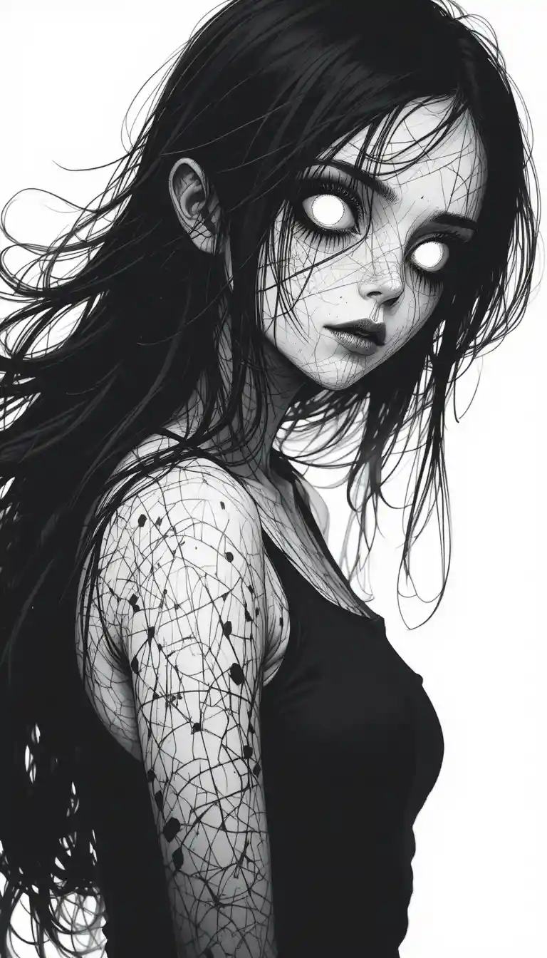Eerie anime girl with glowing white eyes in monochrome