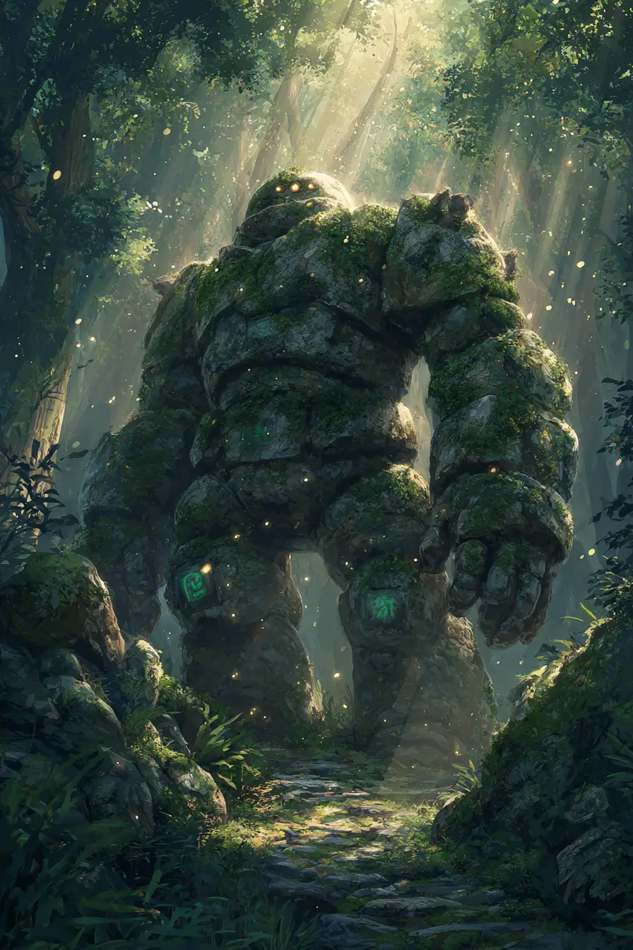 Ancient stone golem awakening in a sunlit forest clearing