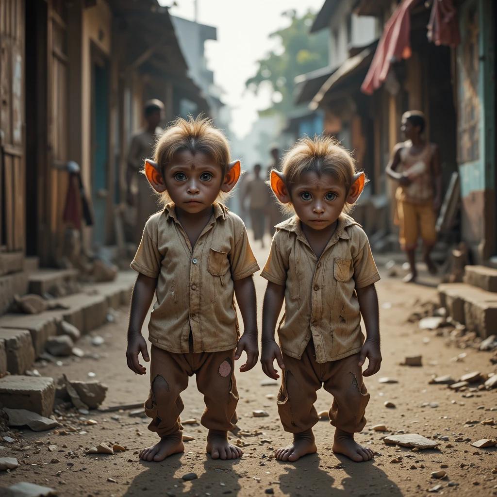 Dos monos bebé con ropa rota en una calle de la India
