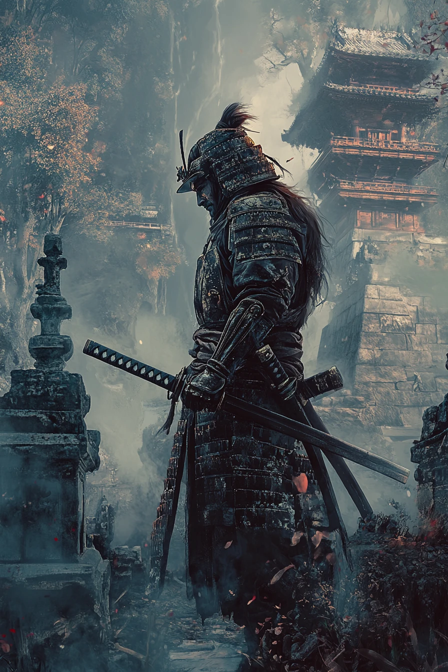 Guerrier samouraï stoïque devant un temple brumeux en ruine
