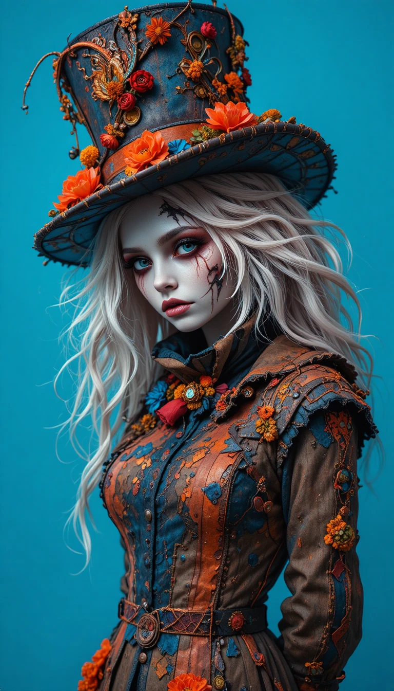 Shy fantasy woman with ghostly makeup and top hat