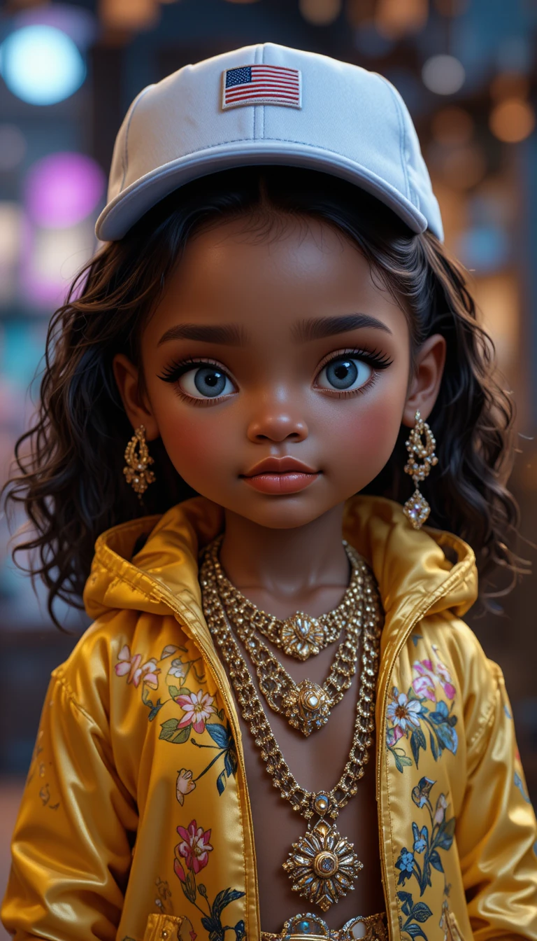Young girl in urban rapper outfit under harsh studio lights