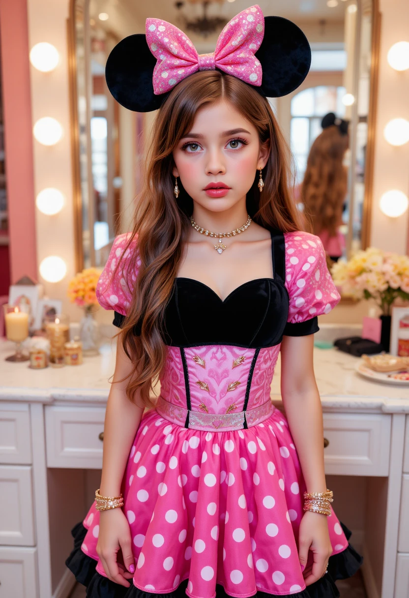 Niño preadolescente nervioso con atuendo de Minnie Mouse en tocador de boutique