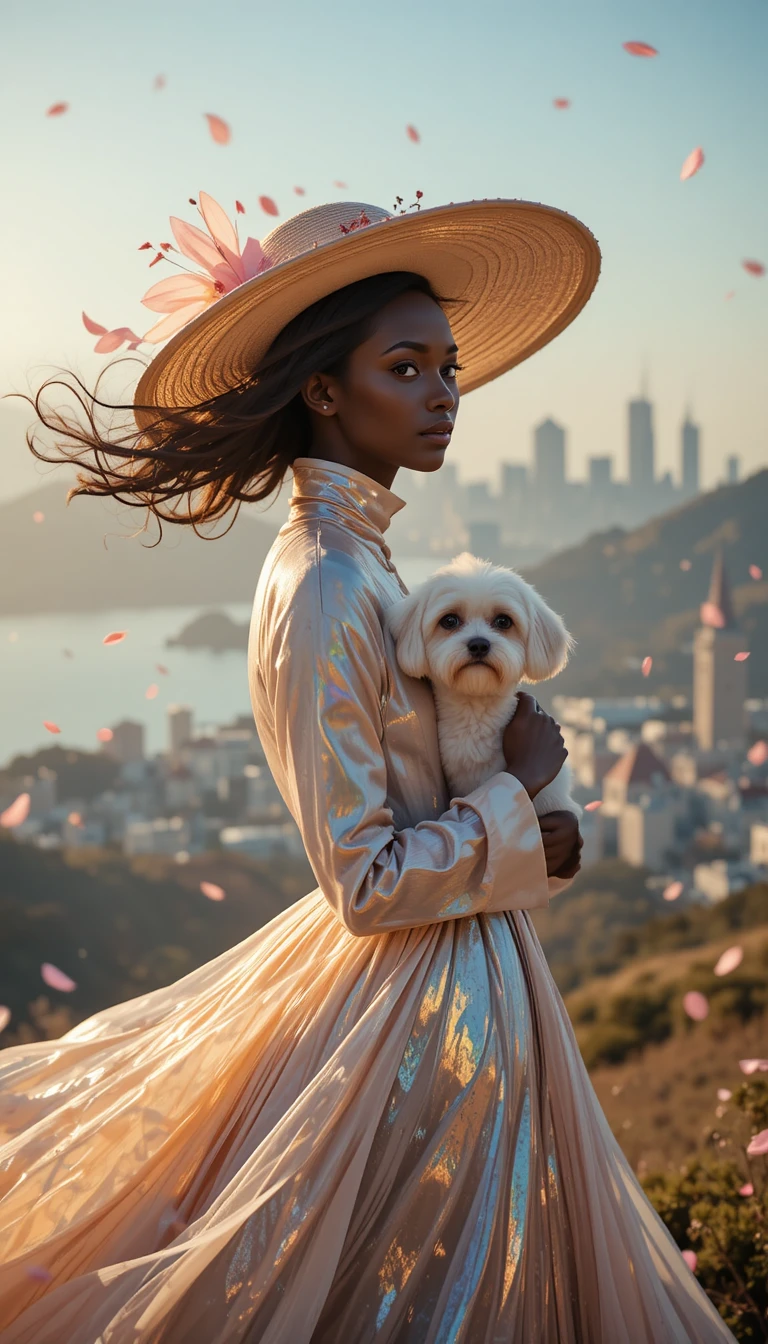 Donna minuta con shih tzu davanti allo skyline di San Francisco