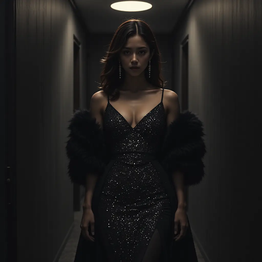 Donna coreana in abito noir in un corridoio buio