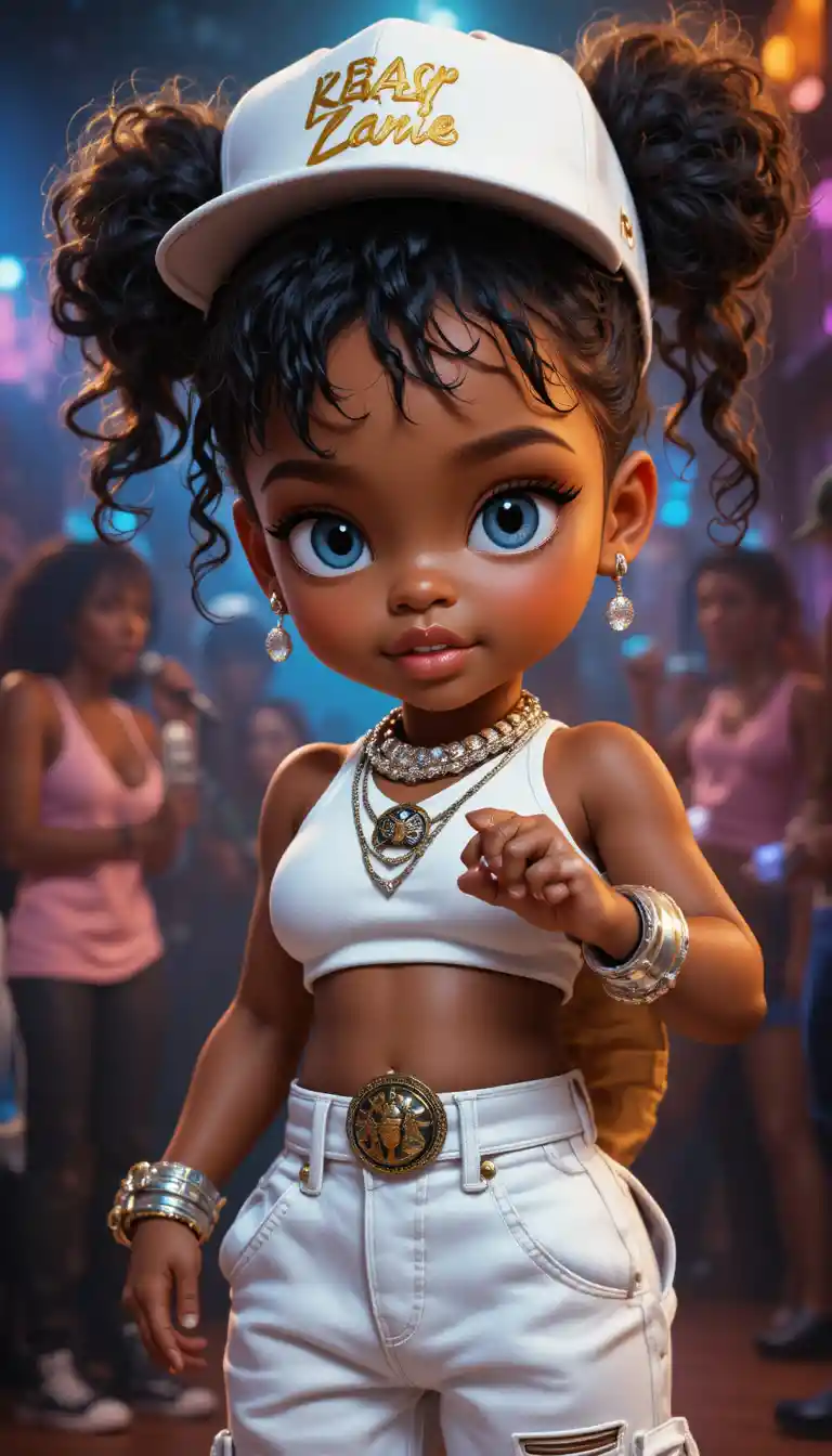 Stylized baby girl in rapper outfit under studio lights