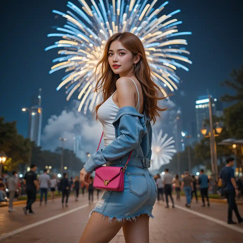 Korean woman in denim turning back under city fireworks