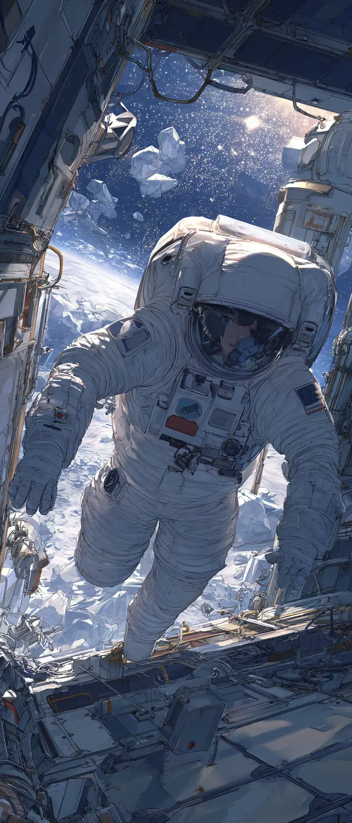Astronaut Repairing Ruptured Space Station In Anime Style