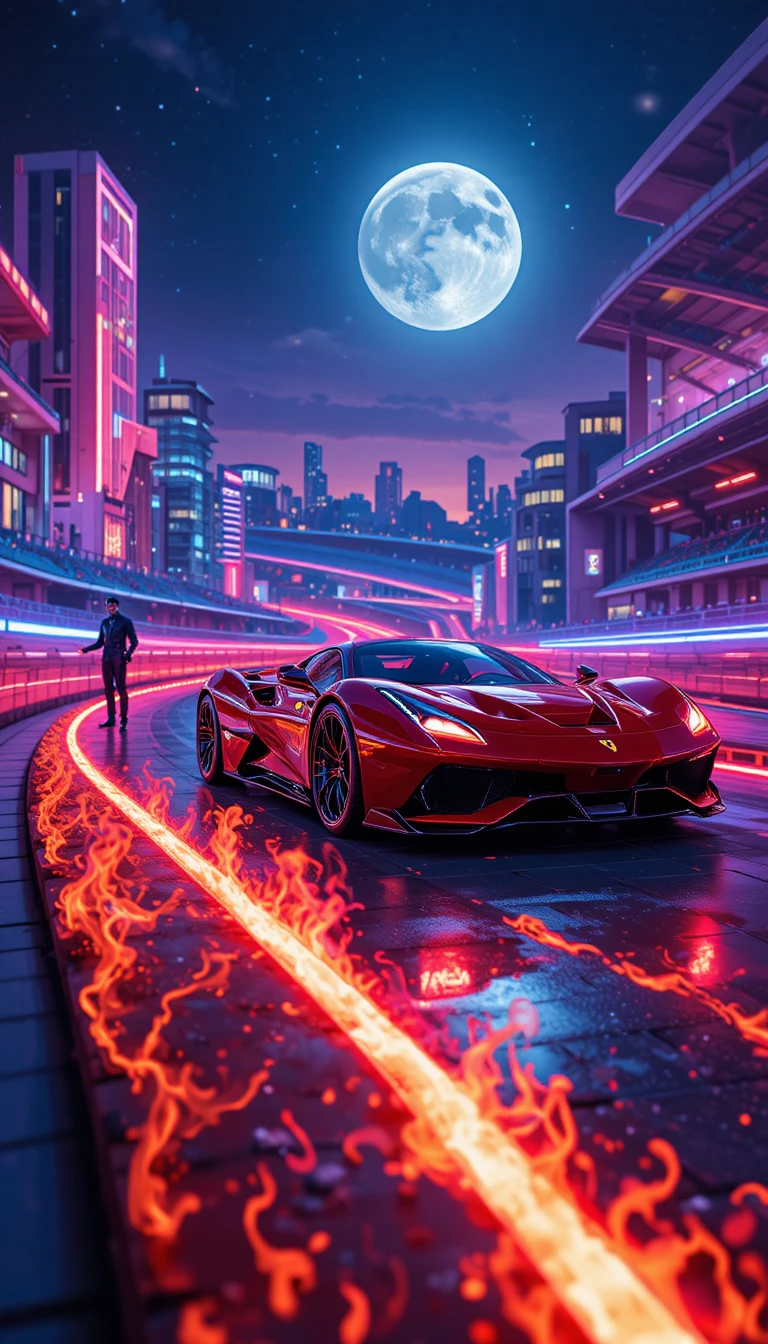 Auto deportivo rojo futurista corriendo en una pista urbana de neón