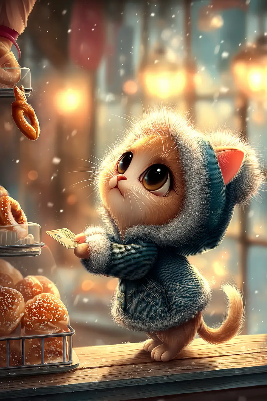 Skinny kitten buying pastry in a cozy shop illustration