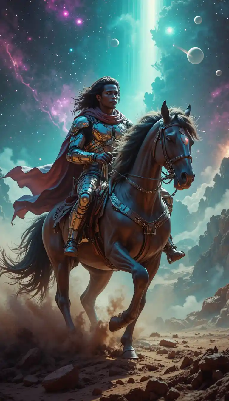Cowboy ciborgue afrofuturista cavalgando um cavalo pelo espaço