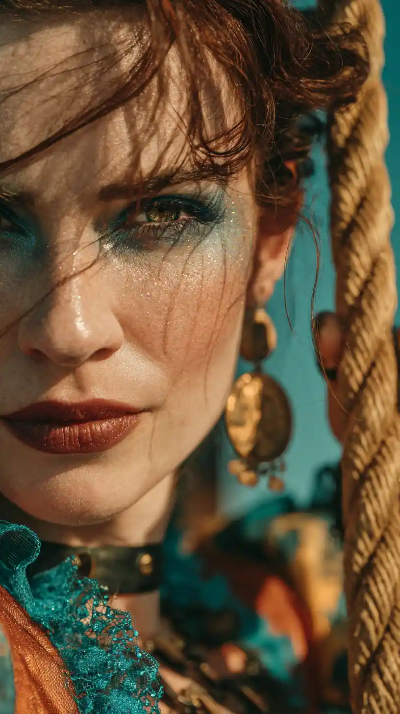 Pirate woman gripping ship rope amid crashing sea spray