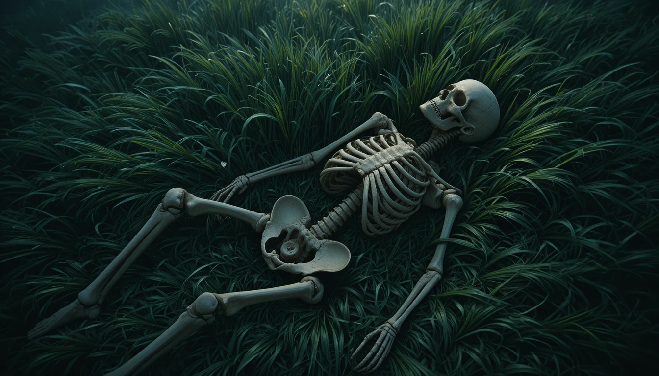Skeleton On Dark Green Grass Under Soft Moonlight