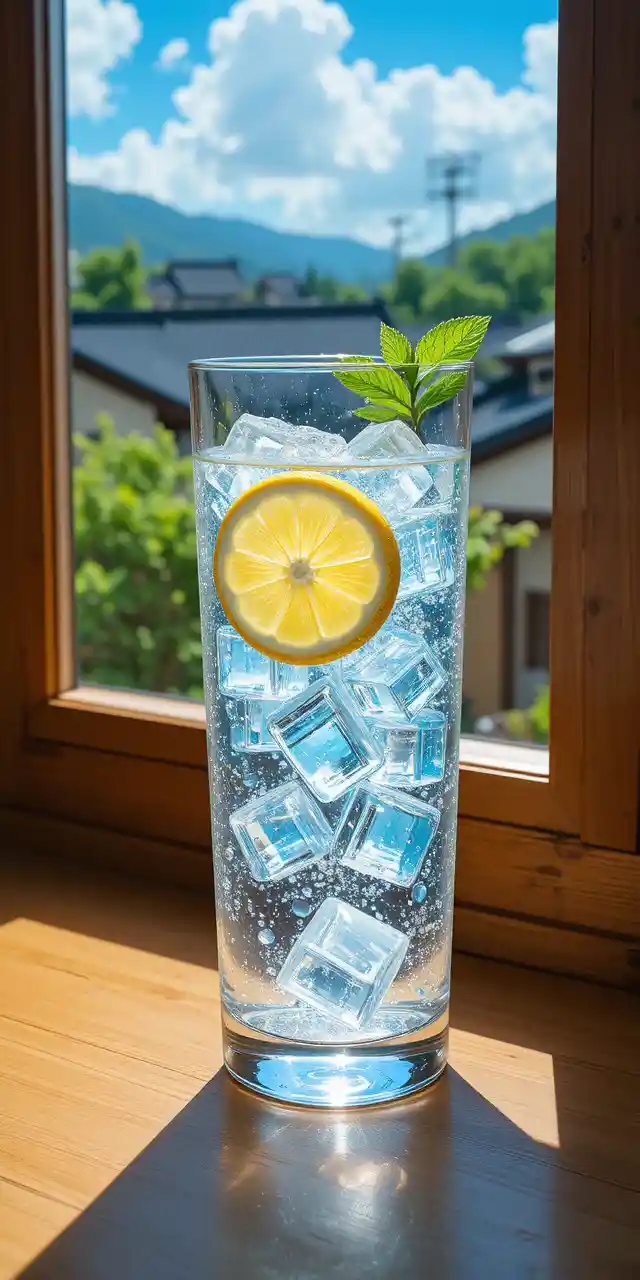 Sparkling lemon water in sunlight on a wooden windowsill