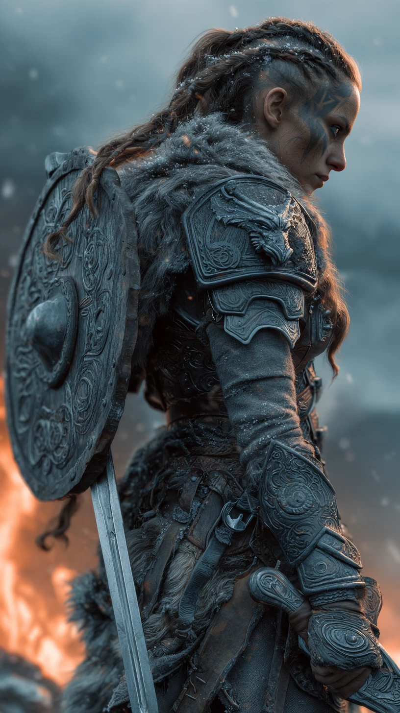 Norse warrior woman on cliff above stormy battlefield